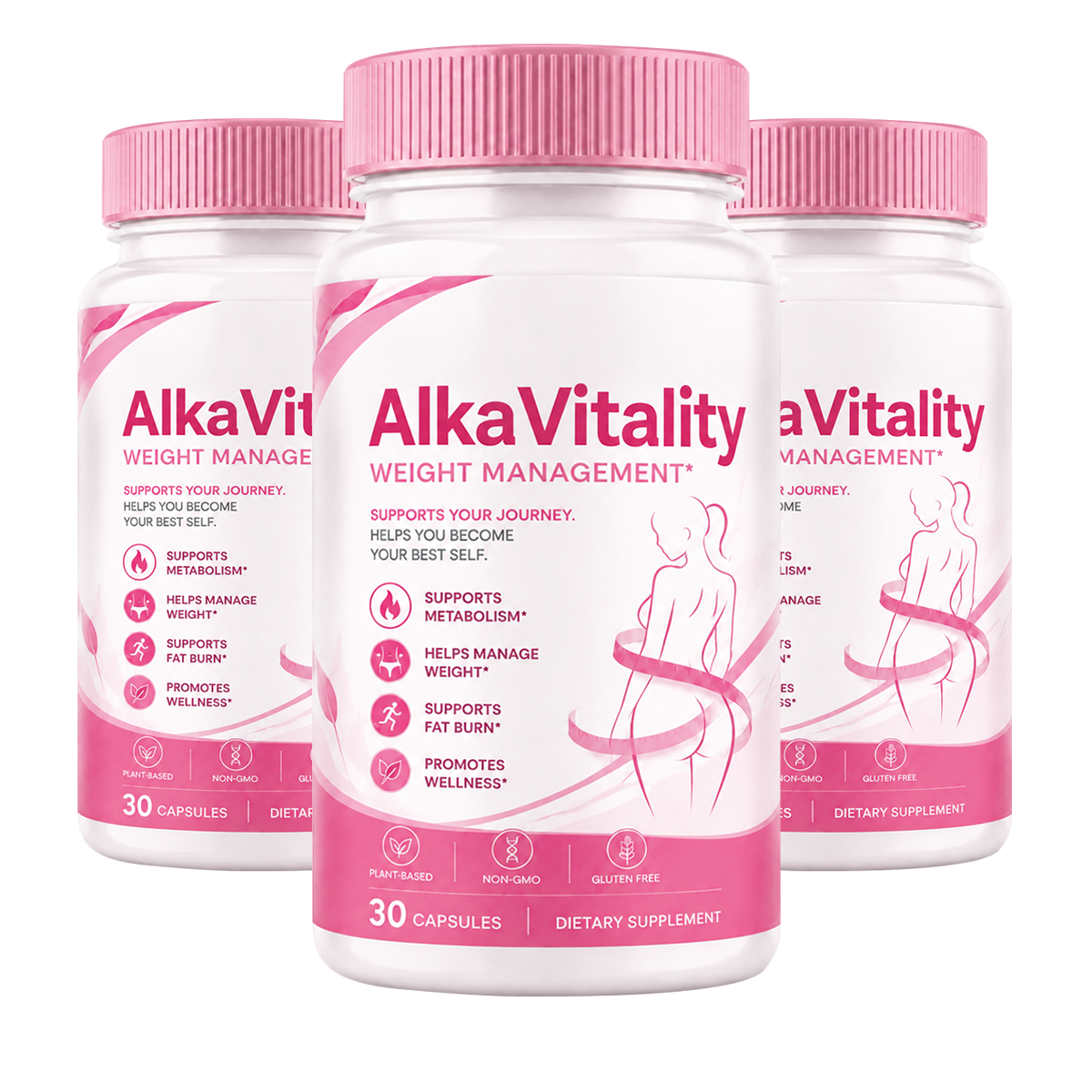 Three bottles of AlkaVitality weight management support capsules